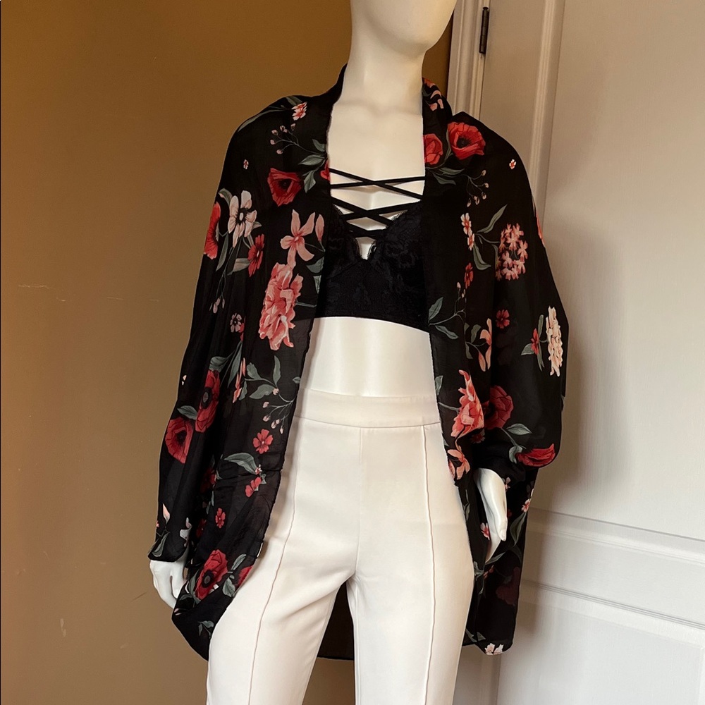 le chateau Black Bomber Jacket with Red & Pink Floral Print